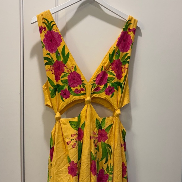 Farm Rio Romantic Garden Yellow Pink Plunge Midi Dress Size M - Picture 9 of 16
